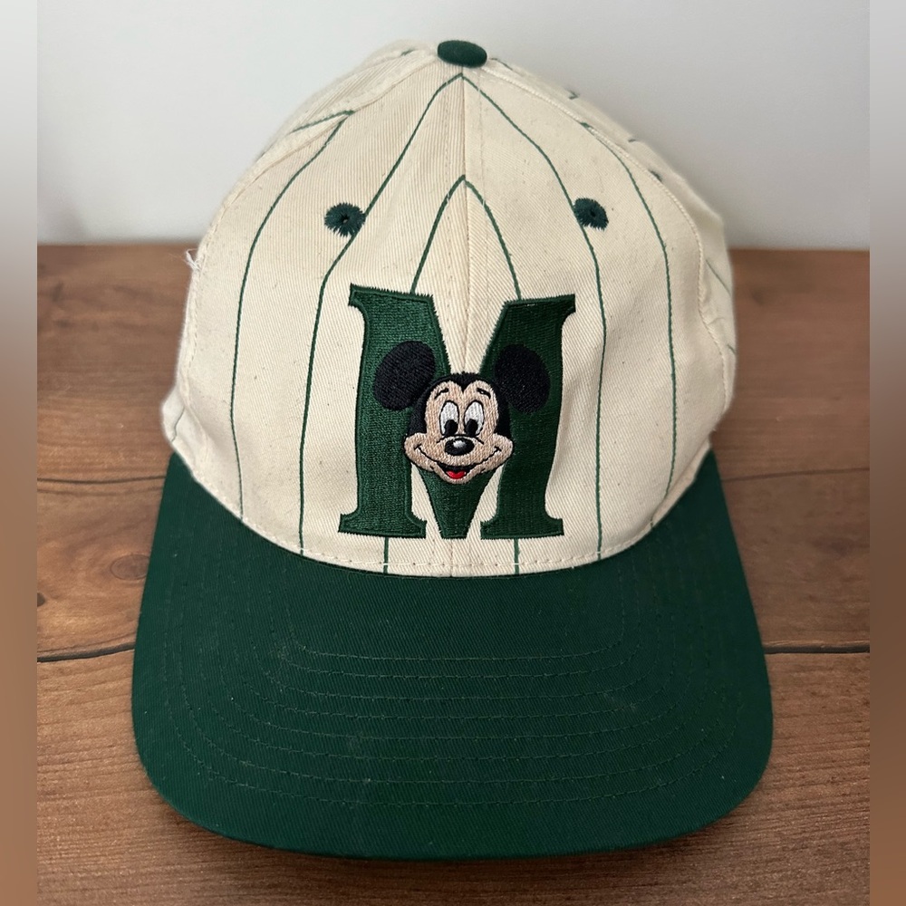 Mickey Mouse M Green Pinstripe White Snapback Hat Vintage